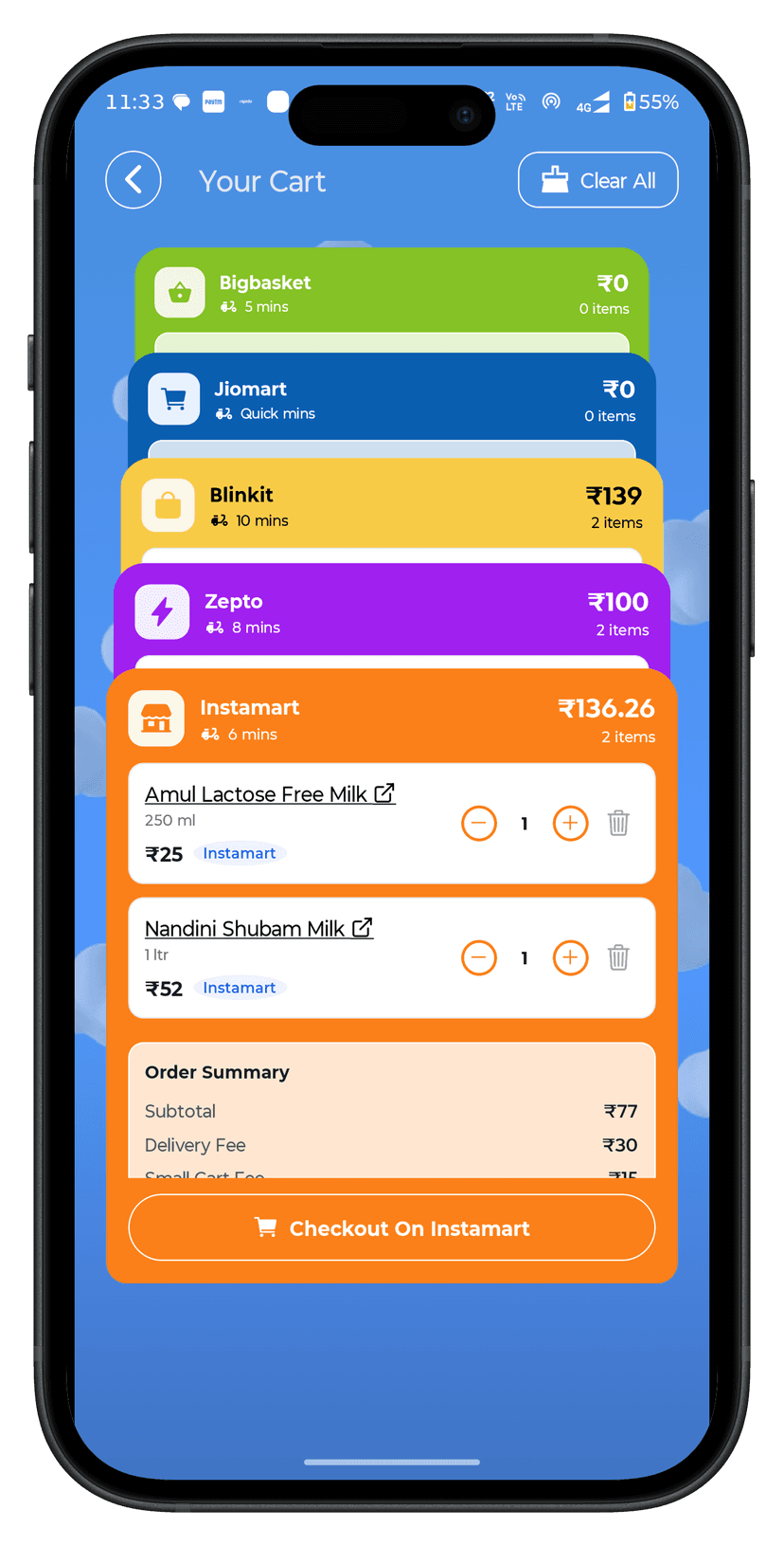 Cart estimation showing breakdown of fees